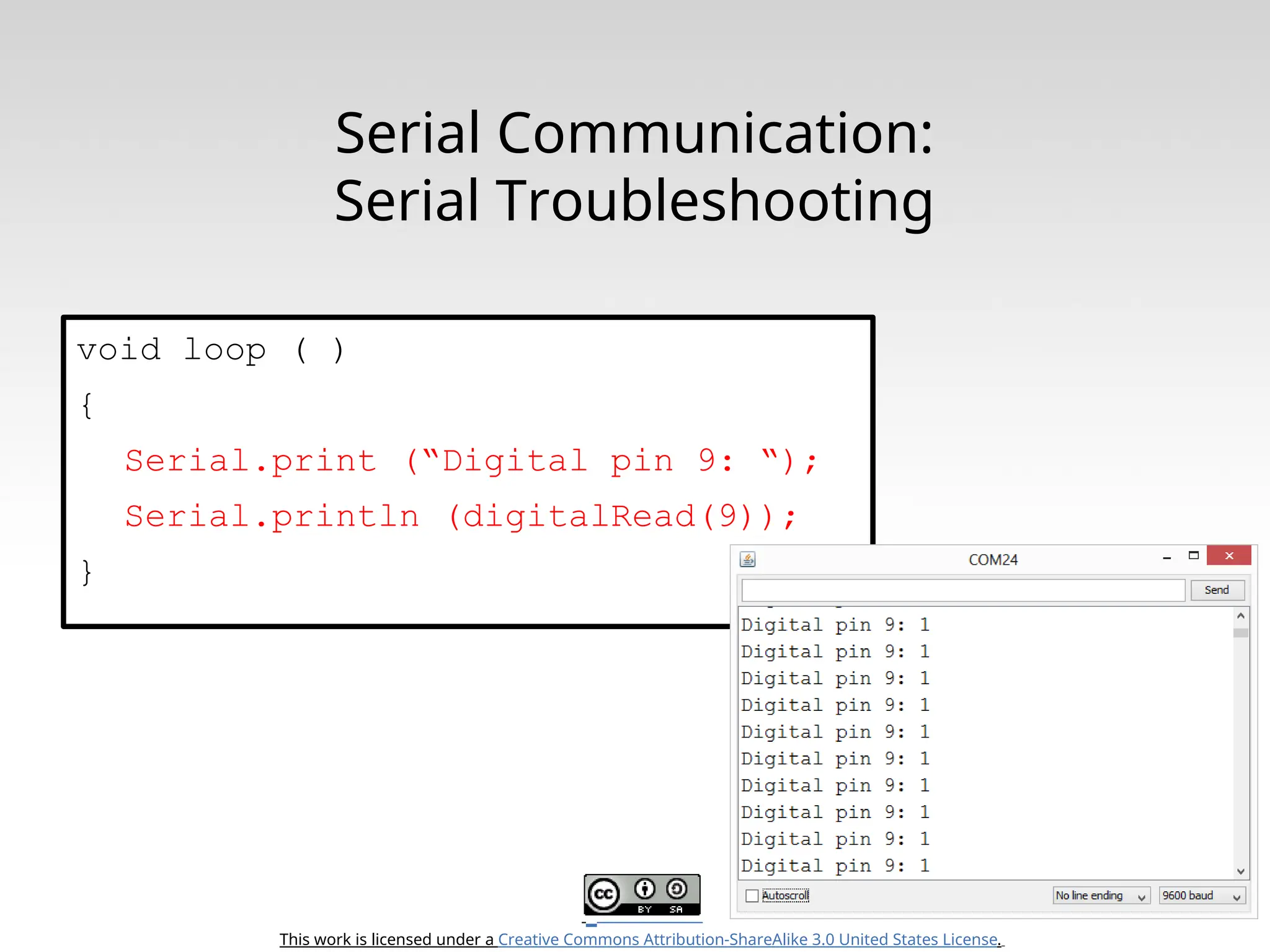 This work is licensed under a Creative Commons Attribution-ShareAlike 3.0 United States License. Serial Communication: Serial Troubleshooting void loop ( ) { Serial.print (“Digital pin 9: “); Serial.println (digitalRead(9)); } 