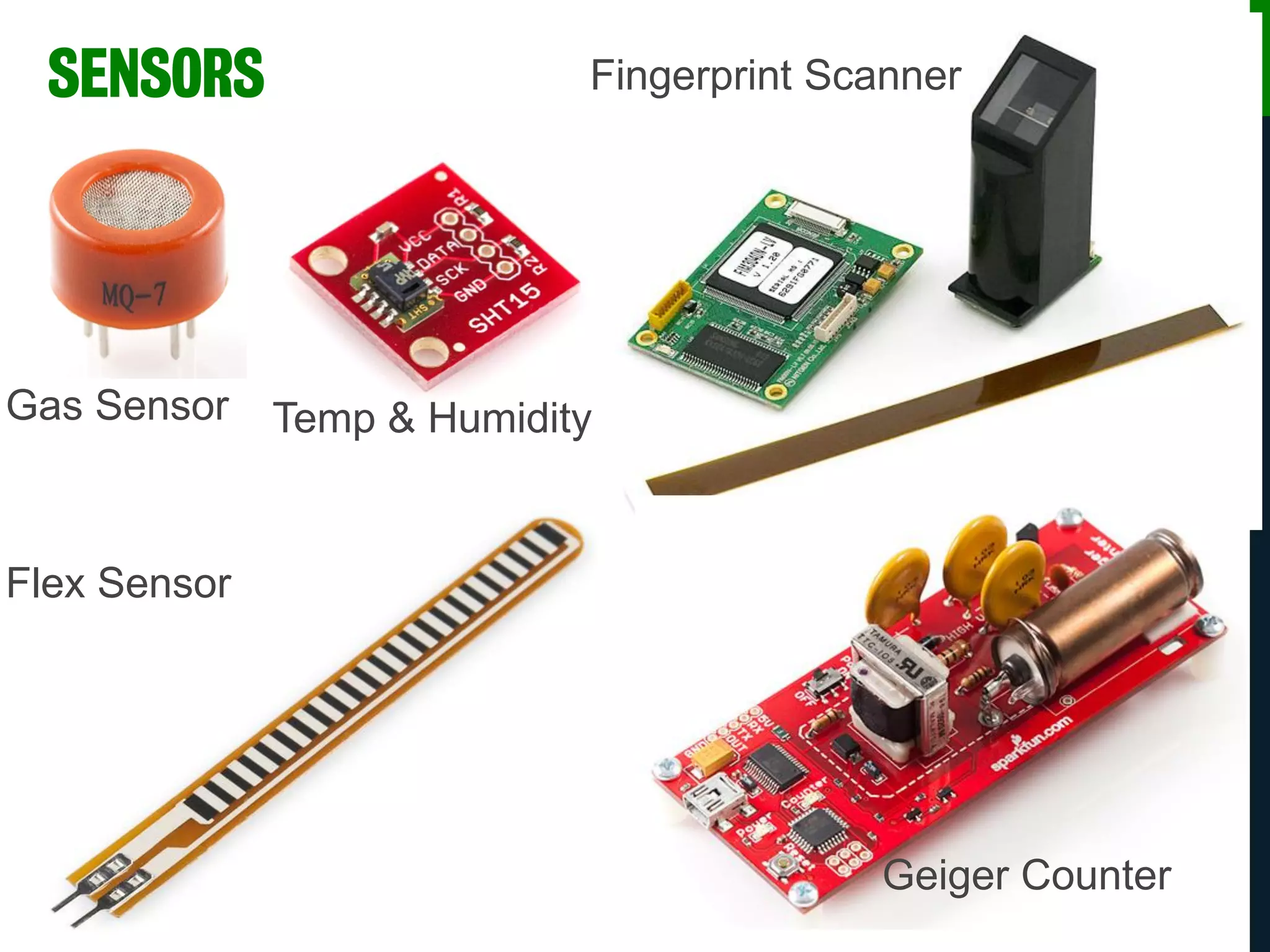 Gas Sensor Temp & Humidity
Flex Sensor
Fingerprint Scanner
Geiger Counter
SENSORS
 