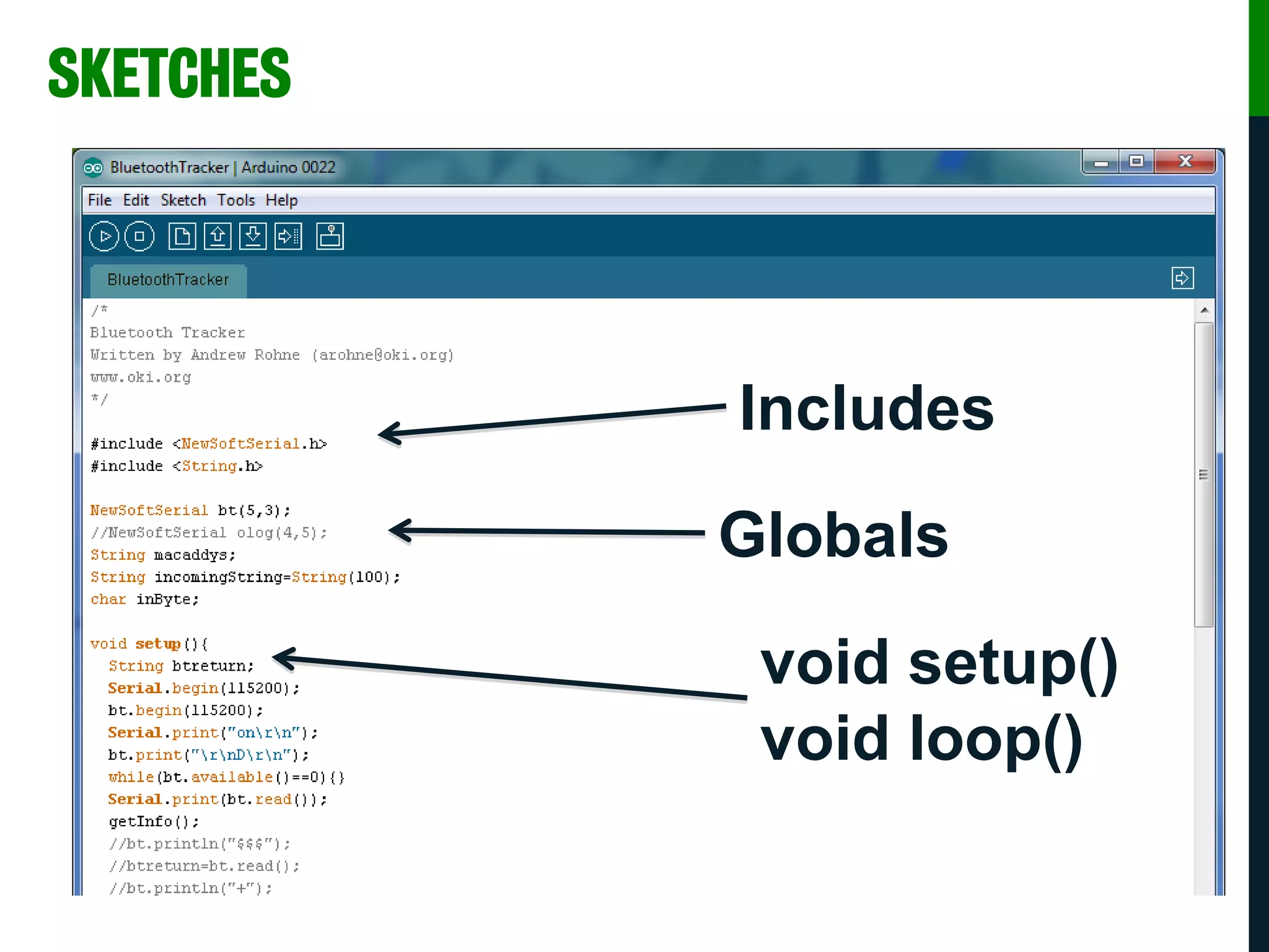 SKETCHES
Includes
Globals
void setup()
void loop()
 