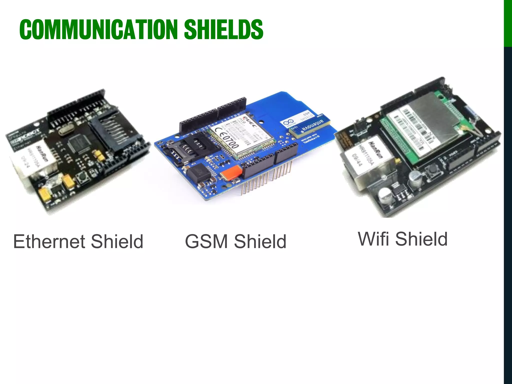 COMMUNICATION SHIELDS
Ethernet Shield GSM Shield Wifi Shield
 