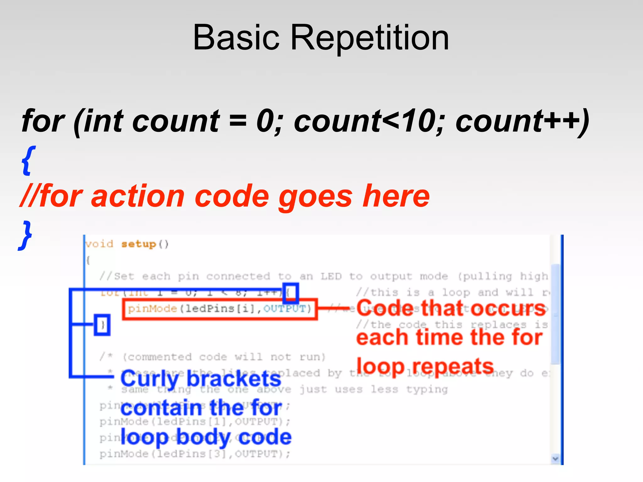 Basic Repetition

for (int count = 0; count<10; count++)
{
//for action code goes here
}
 