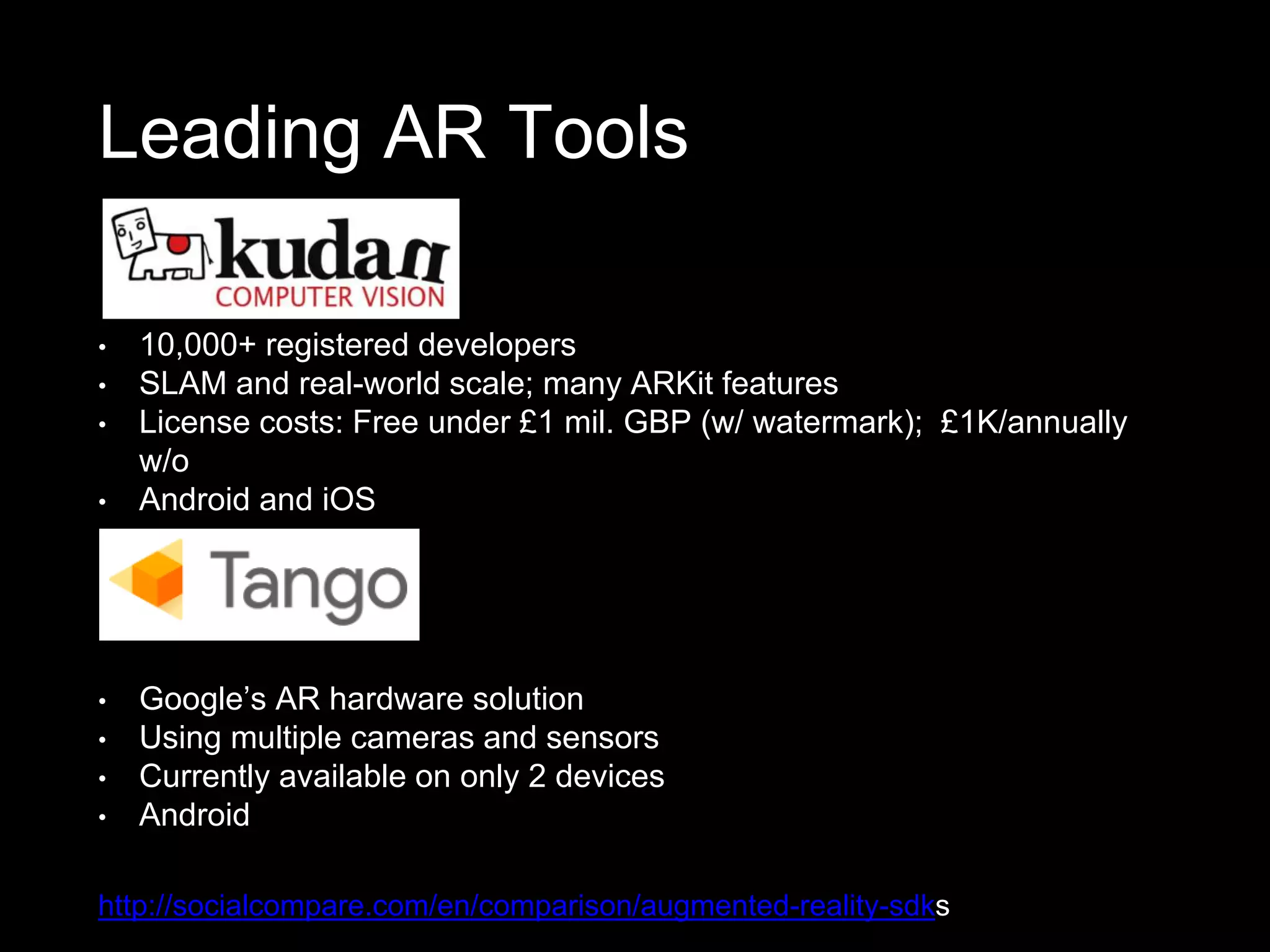 Leading AR Tools
• 10,000+ registered developers
• SLAM and real-world scale; many ARKit features
• License costs: Free under £1 mil. GBP (w/ watermark); £1K/annually
w/o
• Android and iOS
• Google’s AR hardware solution
• Using multiple cameras and sensors
• Currently available on only 2 devices
• Android
http://socialcompare.com/en/comparison/augmented-reality-sdks
 