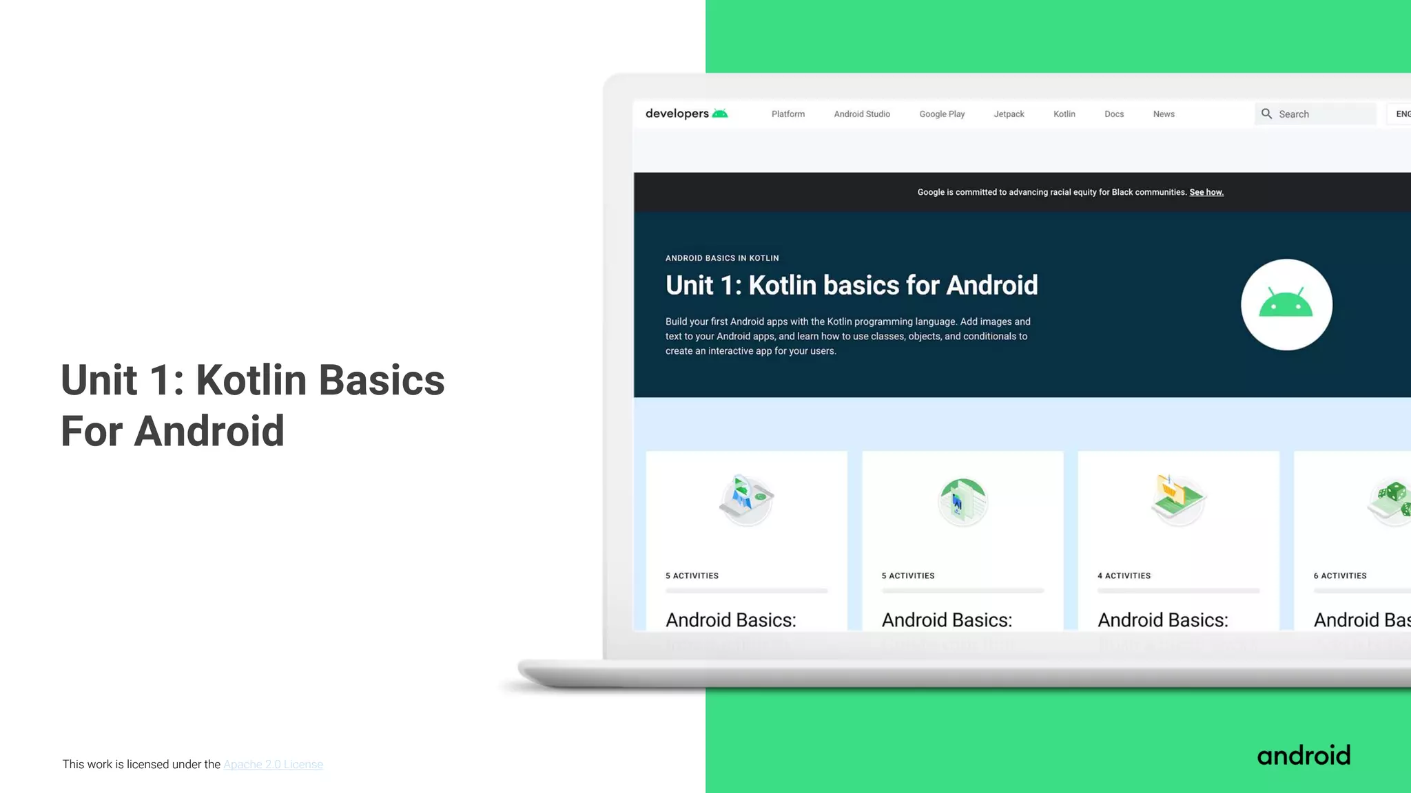 This work is licensed under the Apache 2.0 License Unit 1: Kotlin Basics For Android 