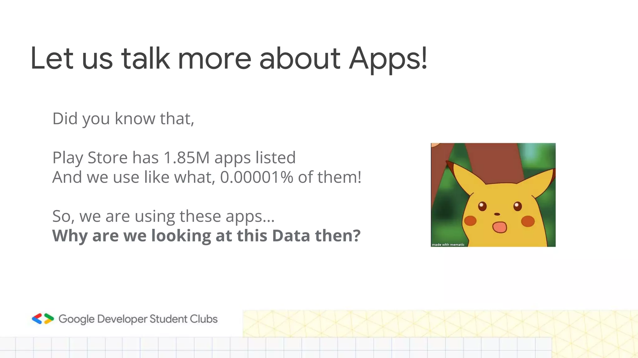 Let us talk more about Apps! Did you know that, Play Store has 1.85M apps listed And we use like what, 0.00001% of them! So, we are using these apps… Why are we looking at this Data then? 