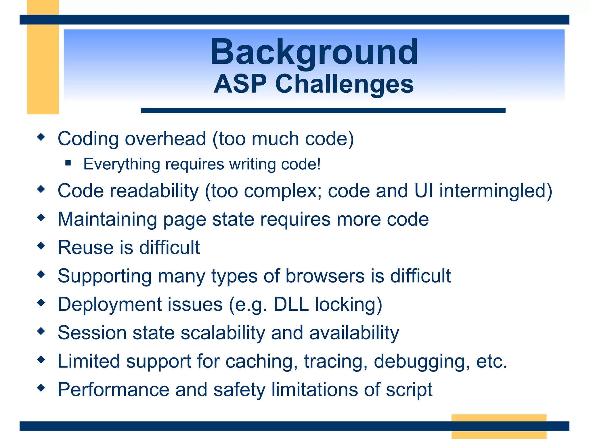 Background ASP Challenges Coding overhead (too much code) Everything requires writing code! Code readability (too complex; code and UI intermingled) Maintaining page state requires more code Reuse is difficult Supporting many types of browsers is difficult Deployment issues (e.g. DLL locking) Session state scalability and availability Limited support for caching, tracing, debugging, etc. Performance and safety limitations of script 