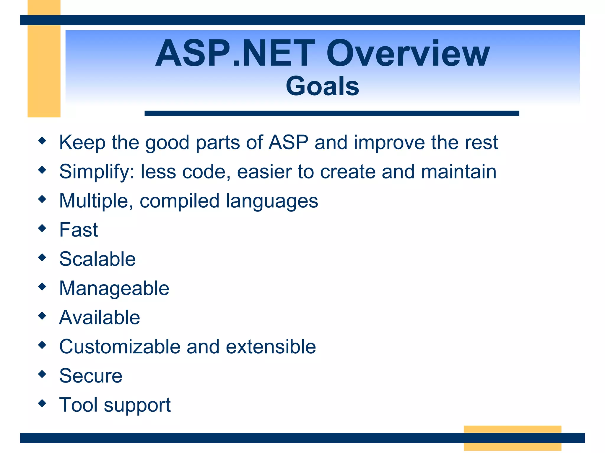 ASP.NET Overview Goals Keep the good parts of ASP and improve the rest Simplify: less code, easier to create and maintain Multiple, compiled languages Fast Scalable Manageable Available Customizable and extensible Secure Tool support 