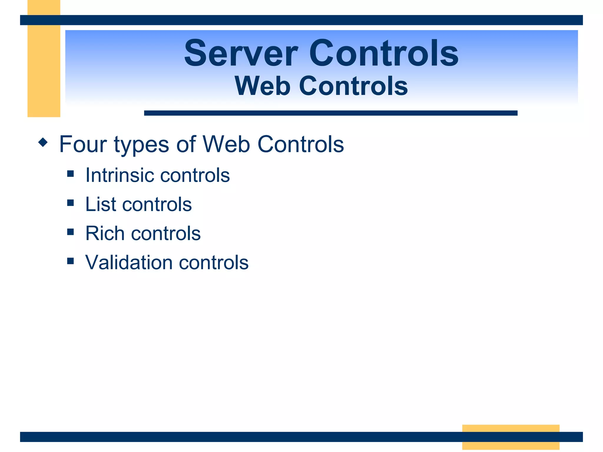 Server Controls Web Controls Four types of Web Controls Intrinsic controls List controls Rich controls Validation controls 