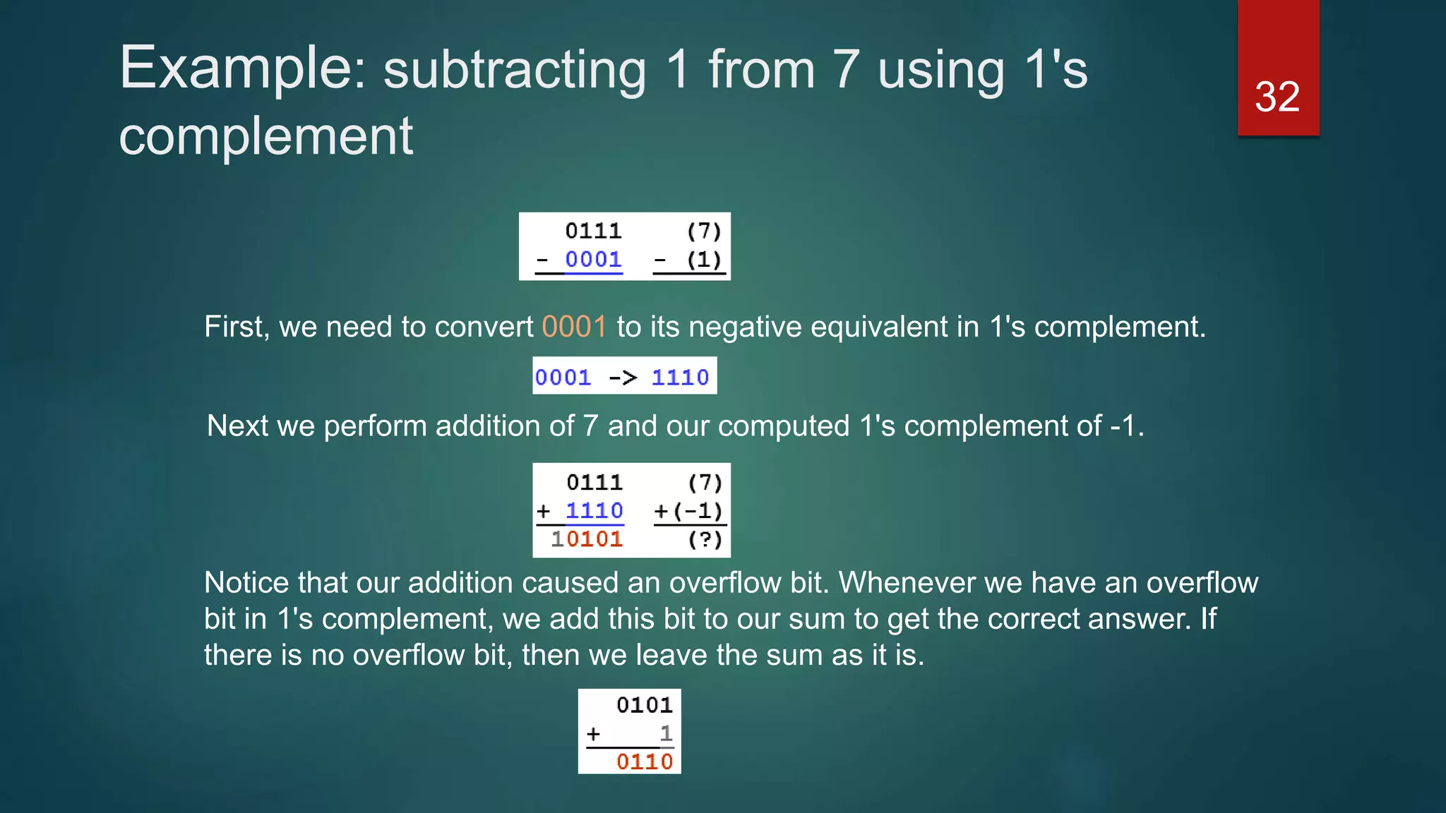 Example: subtracting 1 from 7 using 1's
complement
First, we need to convert 0001 to its negative equivalent in 1's complement.
Next we perform addition of 7 and our computed 1's complement of -1.
Notice that our addition caused an overflow bit. Whenever we have an overflow
bit in 1's complement, we add this bit to our sum to get the correct answer. If
there is no overflow bit, then we leave the sum as it is.
32
 