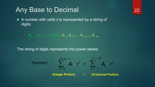 Any Base to Decimal
 A number with radix r is represented by a string of
digits:
An - 1An - 2 … A1A0 . A- 1 A- 2 … A- m  1 A- m
The string of digits represents the power series:
(Number)r
=
 
j = - 1
j
j
i
i = 0
i rArA
(Integer Portion) + (Fractional Portion)
i = n - 1 j = - m
22
 