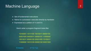 Machine Language
 Set of fundamental instructions
 Native to a processor: executed directly by hardware
 Expressed as a pattern of 1’s and 0’s
Here’s what a program-fragment looks like:
10100001 10111100 10010011 00000100
00001000 00000011 00000101 11000000
10010011 00000100 00001000 10100011
11000000 10010100 00000100 00001000
It means: z = x + y;
3
 