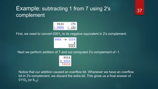 Example: subtracting 1 from 7 using 2's
complement
First, we need to convert 00012 to its negative equivalent in 2's complement.
Next we perform addition of 7 and our computed 2's complement of -1.
Notice that our addition caused an overflow bit. Whenever we have an overflow
bit in 2's complement, we discard the extra bit. This gives us a final answer of
01102 (or 610)
37
 