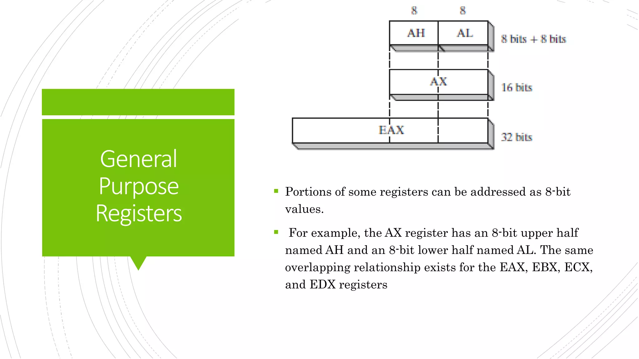 General
Purpose
Registers
 Portions of some registers can be addressed as 8-bit
values.
 For example, the AX register has an 8-bit upper half
named AH and an 8-bit lower half named AL. The same
overlapping relationship exists for the EAX, EBX, ECX,
and EDX registers
 