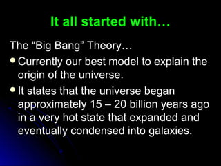 It all started with…It all started with…
The “Big Bang” Theory…The “Big Bang” Theory…
Currently our best model to explain theCurrently our best model to explain the
origin of the universe.origin of the universe.
It states that the universe beganIt states that the universe began
approximately 15 – 20 billion years agoapproximately 15 – 20 billion years ago
in a very hot state that expanded andin a very hot state that expanded and
eventually condensed into galaxies.eventually condensed into galaxies.
 