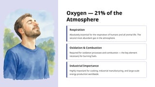 Oxygen — 21% of the
Atmosphere
Respiration
Absolutely essential for the respiration of humans and all animal life. The
second most abundant gas in the atmosphere.
Oxidation & Combustion
Required for oxidation processes and combustion — the key element
necessary for burning fuels.
Industrial Importance
Highly important for cooking, industrial manufacturing, and large-scale
energy production worldwide.
 