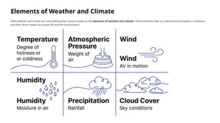 Elements of Weather and Climate
Both weather and climate are controlled by basic factors known as the elements of weather and climate. These elements help us understand atmospheric conditions
and their direct impact on human life and the environment.
 