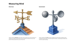 Measuring Wind
Wind Vane
Used to show the direction of the wind. It has a pointer and a tail mounted on a
rotating axis. When the wind blows, the tail catches the breeze and turns the
pointer directly towards the source of the wind.
Anemometer
Used to measure how fast the wind is blowing. This instrument usually has cups
or blades that spin faster as the wind speed increases, converting the rotation into
numerical speed readings.
 