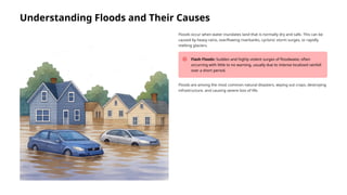 Understanding Floods and Their Causes
Floods occur when water inundates land that is normally dry and safe. This can be
caused by heavy rains, overflowing riverbanks, cyclonic storm surges, or rapidly
melting glaciers.
Flash Floods: Sudden and highly violent surges of floodwater, often
occurring with little to no warning, usually due to intense localized rainfall
over a short period.
Floods are among the most common natural disasters, wiping out crops, destroying
infrastructure, and causing severe loss of life.
 