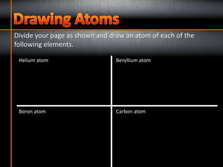 Divide your page as shown and draw an atom of each of the
following elements.
Helium atom Beryllium atom
Carbon atomBoron atom
 
