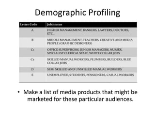 Demographic Profiling
• Make a list of media products that might be
marketed for these particular audiences.
 