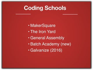 Coding Schools
• MakerSquare!
• The Iron Yard!
• General Assembly!
• Batch Academy (new)!
• Galvanize (2016)
 