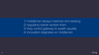 10
1/ middlemen always maximize rent-seeking
2/ regulatory barrier worsen them
3/ they control gateway to wealth equality
4/ innovation stagnates w/ middlemen
 