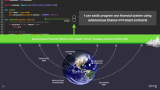 Autonomous Financial Platform (inc. global “mirror” D-assets & smart contract API)
I can easily program any ﬁnancial system using
autonomous ﬁnance and smart contractsCODE !
REGULATORY 
SYSTEM ABC
REGULATORY 
SYSTEM XYZ
EXCHANGE 
NMO
EXCHANGE
RSV
DARK POOL 
NMO
28
 