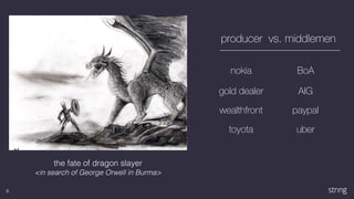 9
paypal
nokia
producer vs. middlemen
the fate of dragon slayer
<in search of George Orwell in Burma>
uber
AIG
BoA
wealthfront
toyota
gold dealer
 