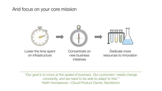 And focus on your core mission
Lower the time spent
on infrastructure
Dedicate more
resources to innovation
Concentrate on
new business
initiatives
“Our goal is to move at the speed of business. Our customers’ needs change
constantly, and we need to be able to adapt to that.”
Keith Homewood – Cloud Product Owner, Nordstrom
 