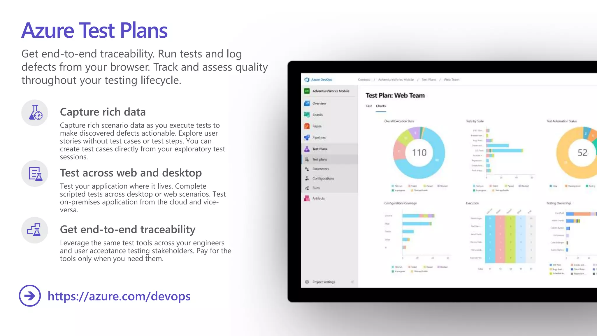 Get end-to-end traceability. Run tests and log
defects from your browser. Track and assess quality
throughout your testing lifecycle.
Azure Test Plans
Capture rich data
Capture rich scenario data as you execute tests to
make discovered defects actionable. Explore user
stories without test cases or test steps. You can
create test cases directly from your exploratory test
sessions.
Test across web and desktop
Test your application where it lives. Complete
scripted tests across desktop or web scenarios. Test
on-premises application from the cloud and vice-
versa.
Get end-to-end traceability
Leverage the same test tools across your engineers
and user acceptance testing stakeholders. Pay for the
tools only when you need them.
https://azure.com/devops

 