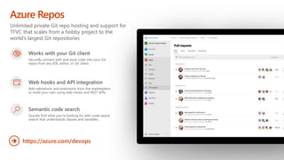 Unlimited private Git repo hosting and support for
TFVC that scales from a hobby project to the
world’s largest Git repositories
Azure Repos
https://azure.com/devops

Works with your Git client
Securely connect with and push code into your Git
repos from any IDE, editor, or Git client.
Web hooks and API integration
Add validations and extensions from the marketplace
or build your own using web hooks and REST APIs.
Semantic code search
Quickly find what you’re looking for with code-aware
search that understands classes and variables.
 