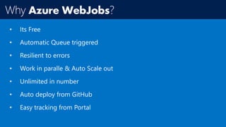 • Resilient to errors
• Work in paralle & Auto Scale out
• Unlimited in number
• Auto deploy from GitHub
• Easy tracking from Portal