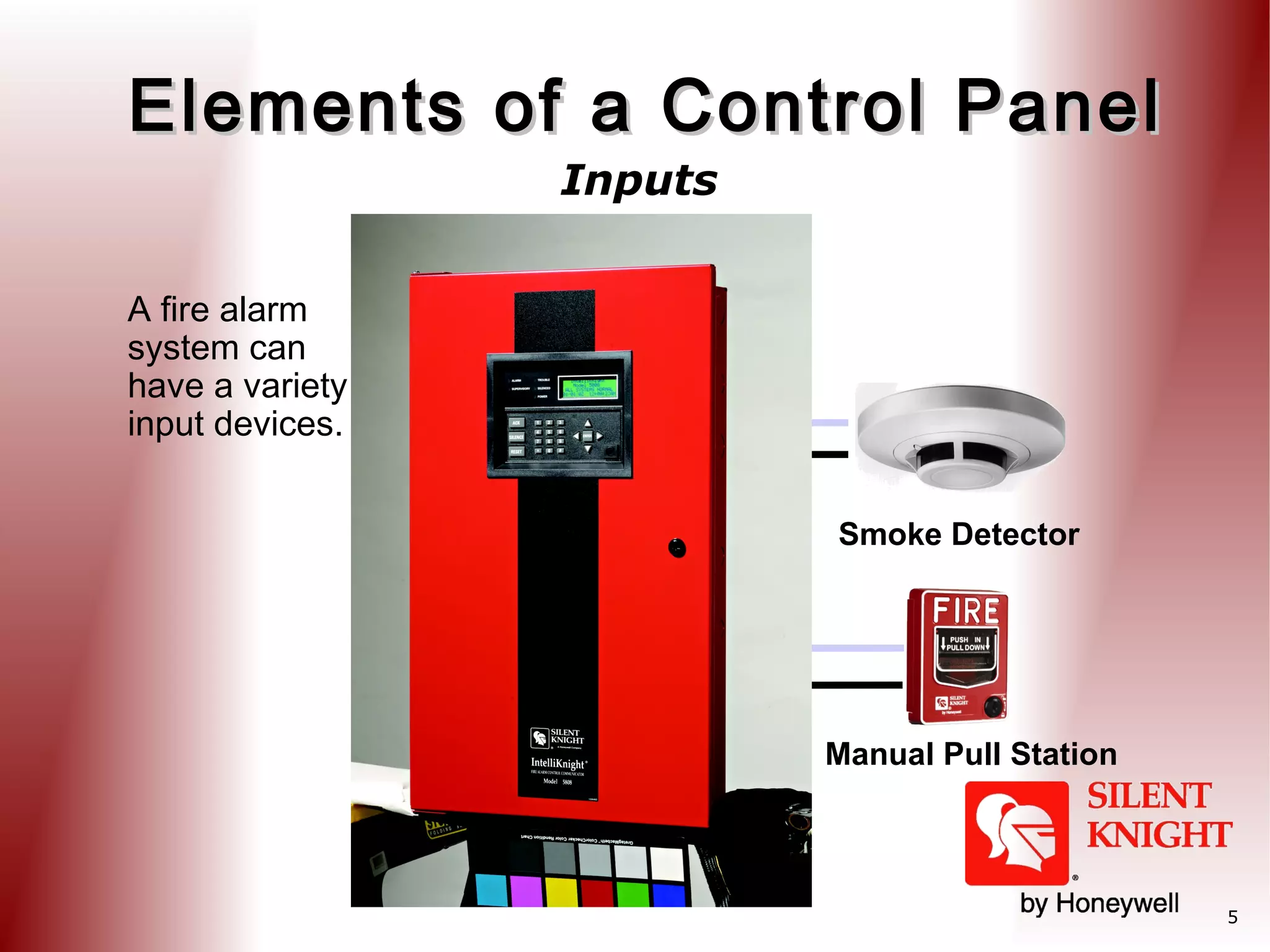 Elements of a Control Panel
Inputs

A fire alarm
system can
have a variety of
input devices.
Smoke Detector

Manual Pull Station

5

 