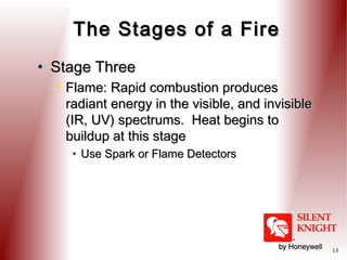 The Stages of a Fire
• Stage Three
 Flame: Rapid combustion produces
radiant energy in the visible, and invisible
(IR, UV) spectrums. Heat begins to
buildup at this stage
• Use Spark or Flame Detectors

13

 