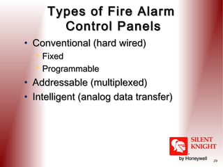 Types of Fire Alarm
Control Panels
• Conventional (hard wired)



Fixed
Programmable

• Addressable (multiplexed)
• Intelligent (analog data transfer)

29

 