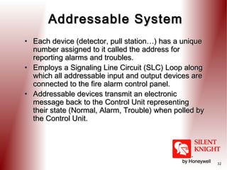Addressable System
• Each device (detector, pull station…) has a unique
number assigned to it called the address for
reporting alarms and troubles.
• Employs a Signaling Line Circuit (SLC) Loop along
which all addressable input and output devices are
connected to the fire alarm control panel.
• Addressable devices transmit an electronic
message back to the Control Unit representing
their state (Normal, Alarm, Trouble) when polled by
the Control Unit.

32

 