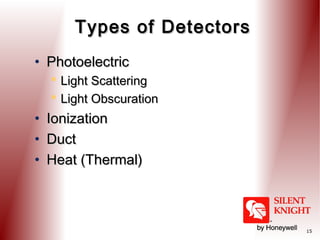 Types of Detectors
• Photoelectric



•
•
•

Light Scattering
Light Obscuration

Ionization
Duct
Heat (Thermal)

15

 