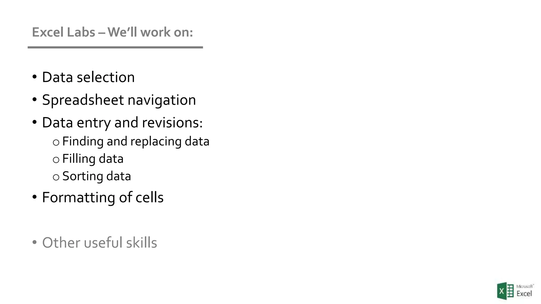 Excel Labs – We’ll work on:
• Data selection
• Spreadsheet navigation
• Data entry and revisions:
oFinding and replacing data
oFilling data
oSorting data
• Formatting of cells
• Other useful skills
 