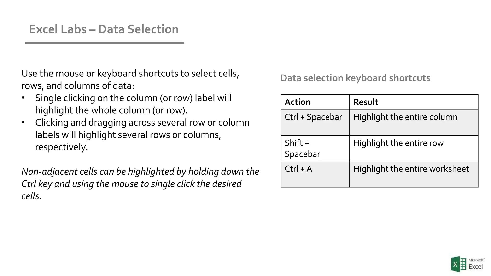Excel Labs – Data Selection
Action Result
Ctrl + Spacebar Highlight the entire column
Shift +
Spacebar
Highlight the entire row
Ctrl + A Highlight the entire worksheet
Data selection keyboard shortcutsUse the mouse or keyboard shortcuts to select cells,
rows, and columns of data:
• Single clicking on the column (or row) label will
highlight the whole column (or row).
• Clicking and dragging across several row or column
labels will highlight several rows or columns,
respectively.
Non-adjacent cells can be highlighted by holding down the
Ctrl key and using the mouse to single click the desired
cells.
 