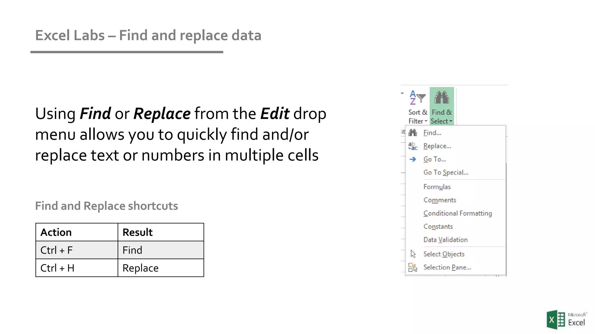 Excel Labs – Find and replace data
Action Result
Ctrl + F Find
Ctrl + H Replace
Find and Replace shortcuts
Using Find or Replace from the Edit drop
menu allows you to quickly find and/or
replace text or numbers in multiple cells
 
