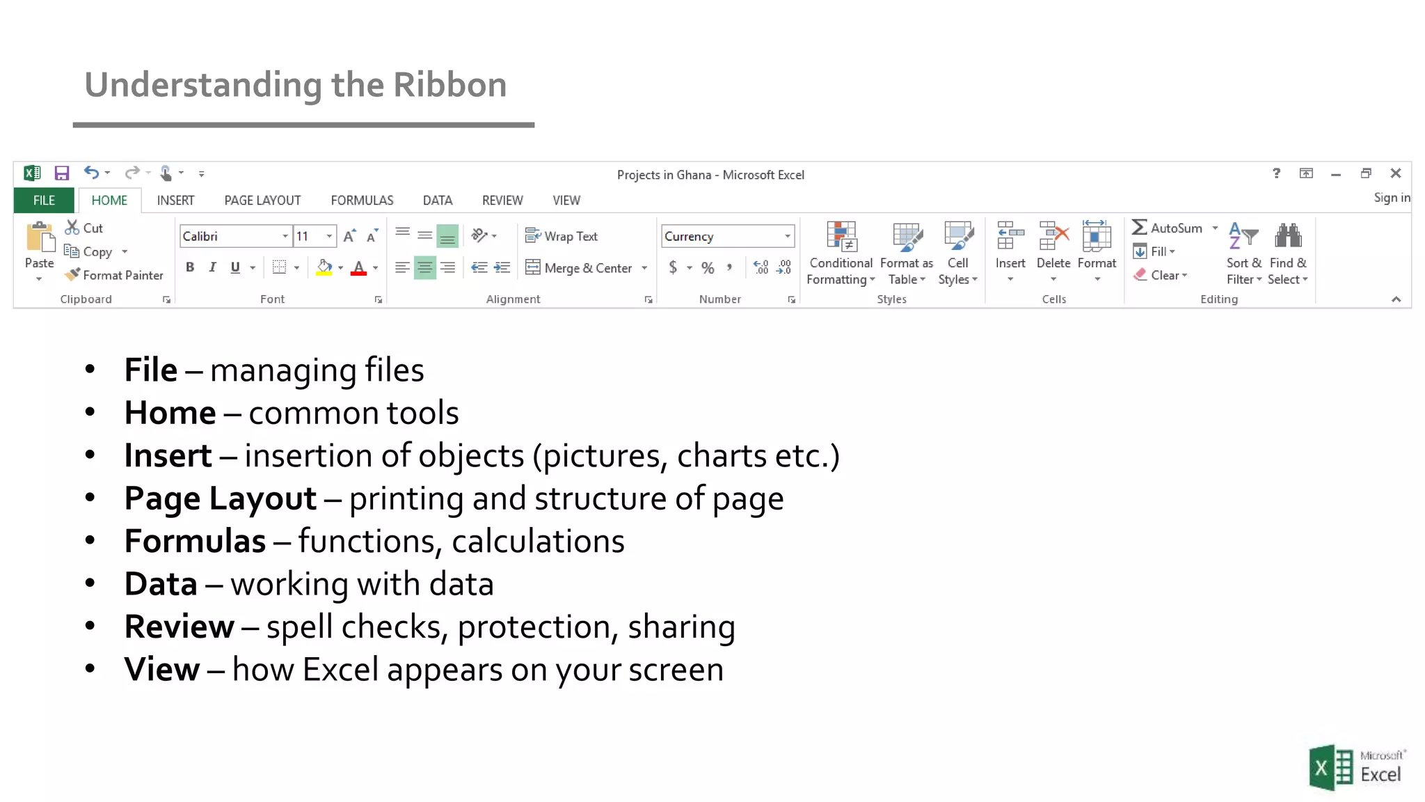 Understanding the Ribbon
• File – managing files
• Home – common tools
• Insert – insertion of objects (pictures, charts etc.)
• Page Layout – printing and structure of page
• Formulas – functions, calculations
• Data – working with data
• Review – spell checks, protection, sharing
• View – how Excel appears on your screen
 