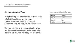 Excel Labs – Entry and revision
Using Cut, Copy and Paste
Using the drag-and-drop method to move data:
1. Select the cells you wish to move
2. Point to an outside border of the cell
3. Click and drag the cell(s) to the new location
The data is removed from its original location
and overwrites the contents in the destination
location, just as when you apply cut and paste.
Action Result
Ctrl + C Copy
Ctrl + X Cut
Ctrl +V Paste
Cut, Copy and Paste Shortcuts
 