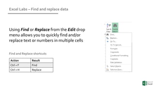 Excel Labs – Find and replace data
Action Result
Ctrl + F Find
Ctrl + H Replace
Find and Replace shortcuts
Using Find or Replace from the Edit drop
menu allows you to quickly find and/or
replace text or numbers in multiple cells
 
