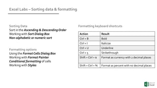 Excel Labs – Sorting data & formatting
Action Result
Ctrl + B Bold
Ctrl + I Italicize
Ctrl + U Underline
Ctrl + 5 Strikethrough
Shift + Ctrl + $ Format as currency with 2 decimal places
Shift + Ctrl + % Format as percent with no decimal places
Formatting keyboard shortcuts
Formatting options
Using the Format Cells Dialog Box
Working with Format Painter
Conditional formatting of cells
Working with Styles
Sorting Data
Sort in the Ascending & DescendingOrder
Working with Sort Dialog Box
Non-alphabetic or numeric sort
 