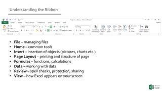Understanding the Ribbon
• File – managing files
• Home – common tools
• Insert – insertion of objects (pictures, charts etc.)
• Page Layout – printing and structure of page
• Formulas – functions, calculations
• Data – working with data
• Review – spell checks, protection, sharing
• View – how Excel appears on your screen
 