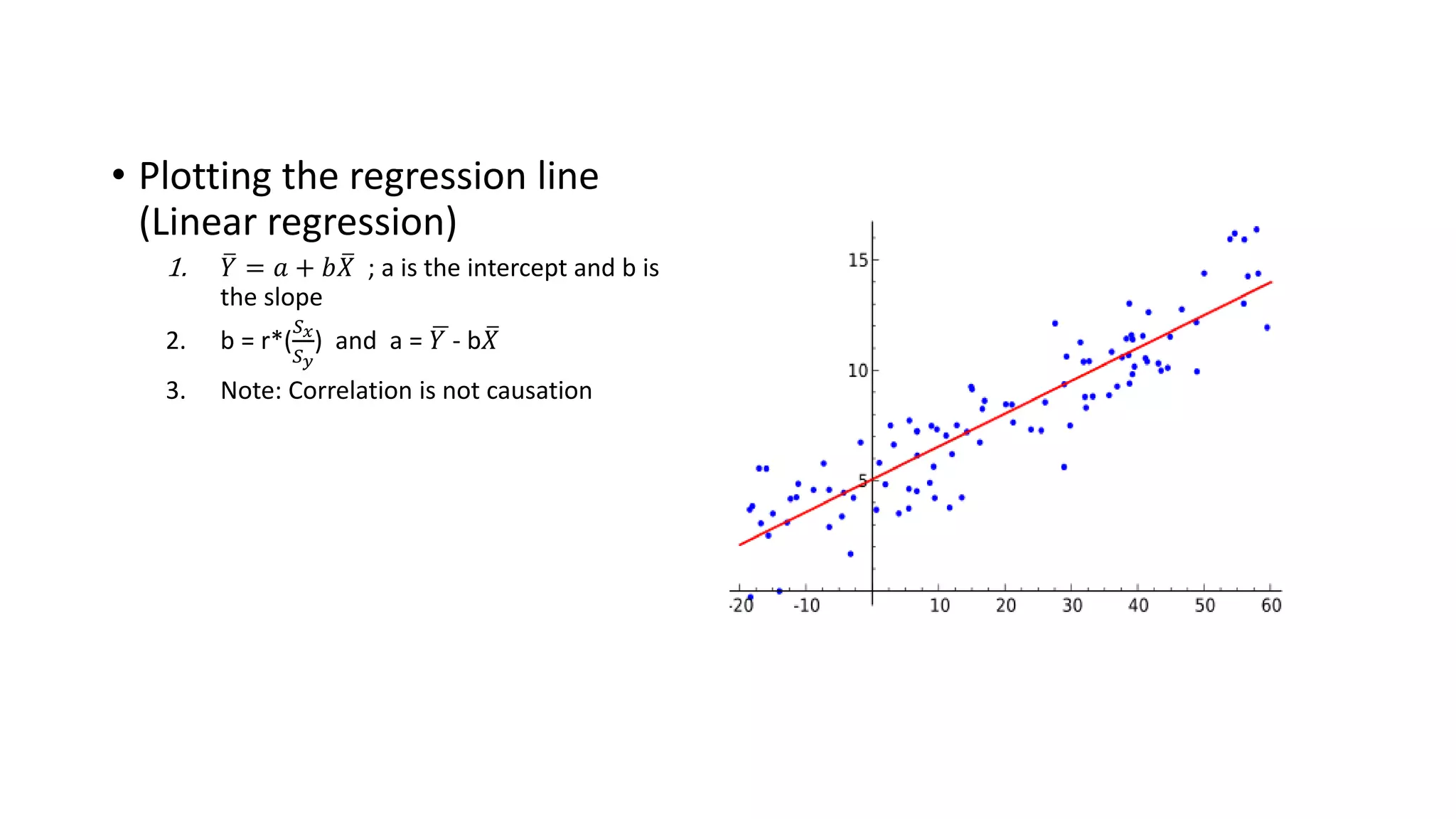 • Plotting the regression line
(Linear regression)
1. 𝑌 = 𝑎 + 𝑏 𝑋 ; a is the intercept and b is
the slope
2. b = r*(
𝑆 𝑥
𝑆 𝑦
) and a = 𝑌 - b 𝑋
3. Note: Correlation is not causation
 