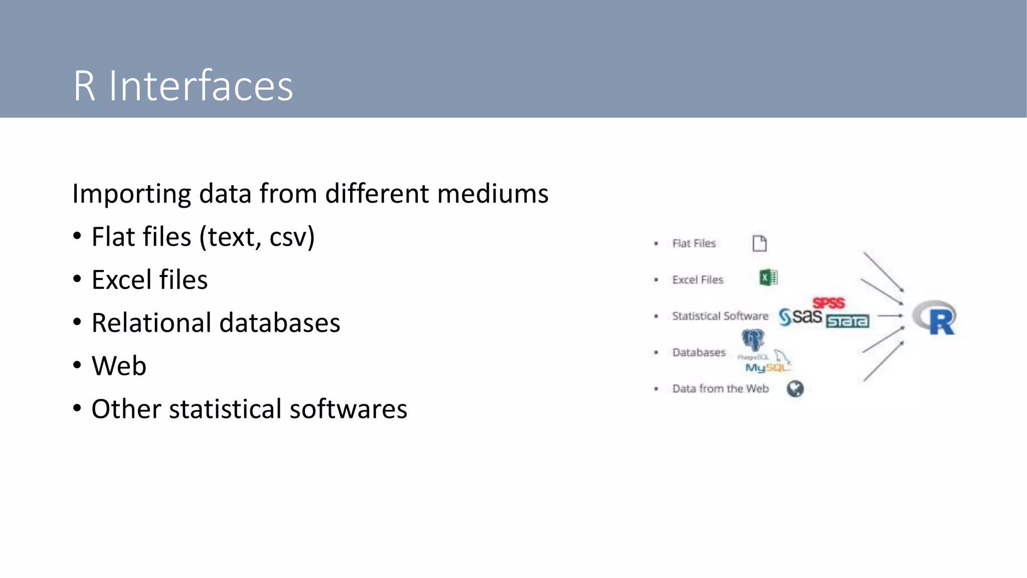 R Interfaces
Importing data from different mediums
• Flat files (text, csv)
• Excel files
• Relational databases
• Web
• Other statistical softwares
 
