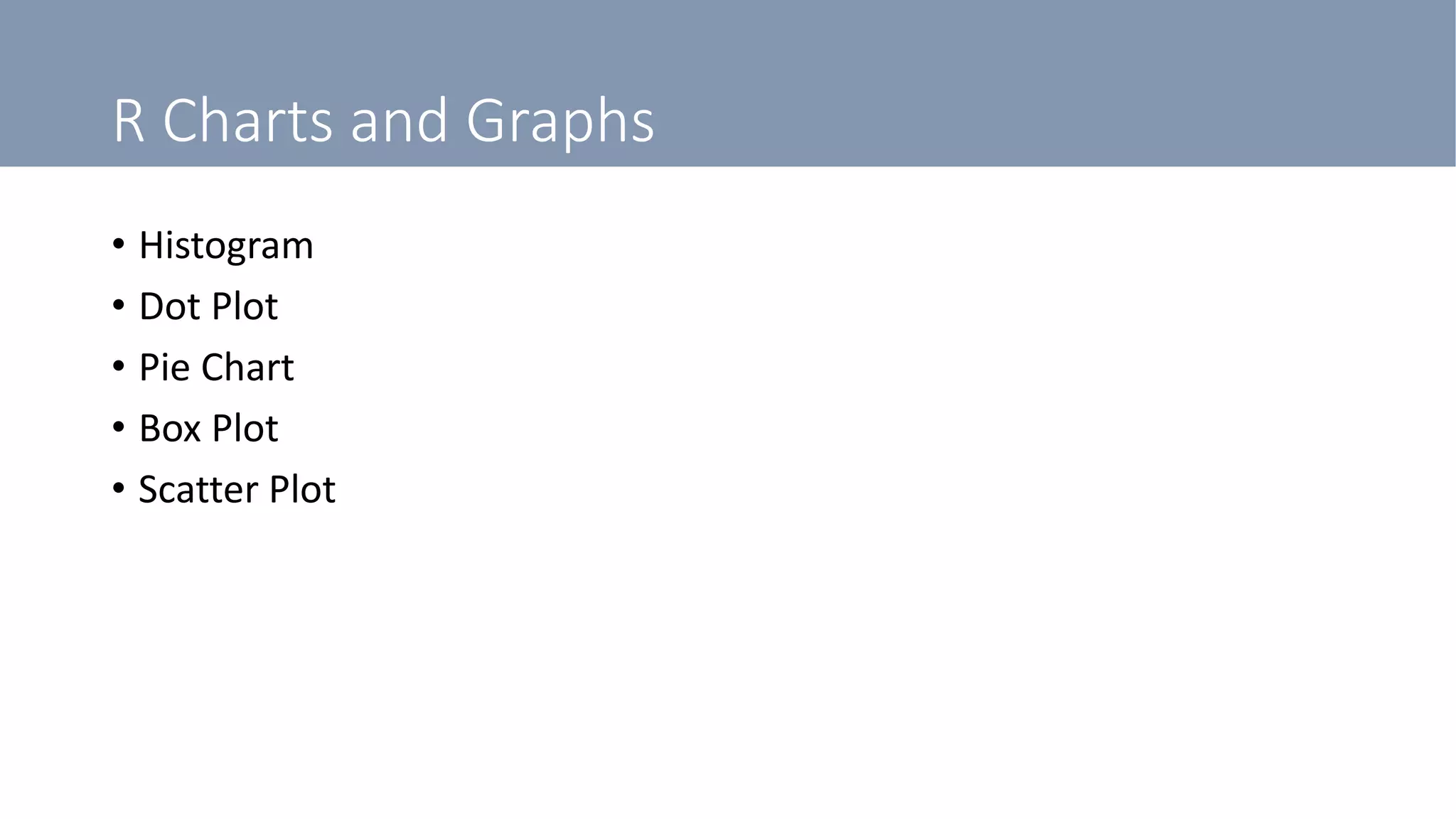 R Charts and Graphs
• Histogram
• Dot Plot
• Pie Chart
• Box Plot
• Scatter Plot
 