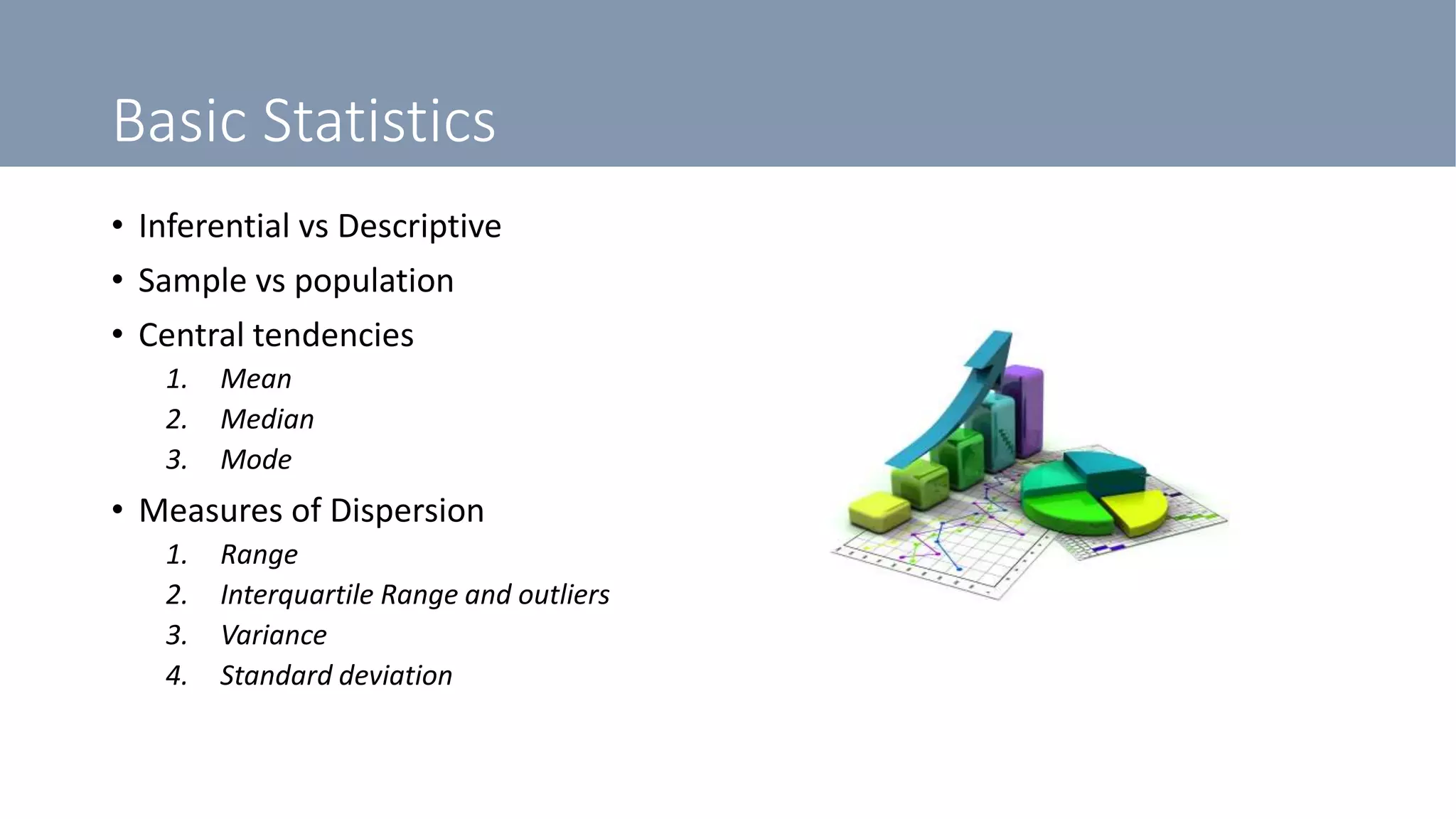 Basic Statistics
• Inferential vs Descriptive
• Sample vs population
• Central tendencies
1. Mean
2. Median
3. Mode
• Measures of Dispersion
1. Range
2. Interquartile Range and outliers
3. Variance
4. Standard deviation
 