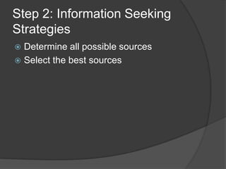 Step 2: Information Seeking
Strategies
 Determine all possible sources
 Select the best sources
 