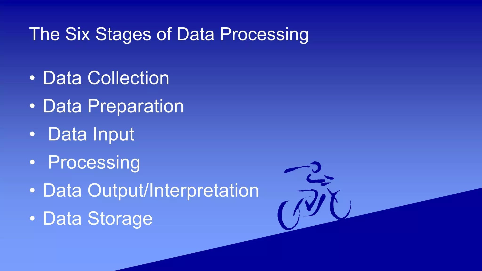 The Six Stages of Data Processing
• Data Collection
• Data Preparation
• Data Input
• Processing
• Data Output/Interpretation
• Data Storage
 